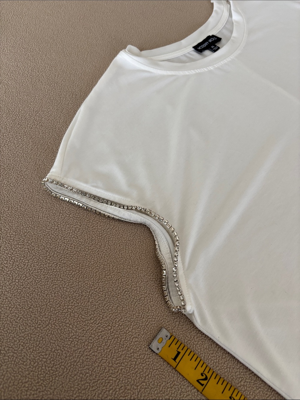 Modern Works, White Cap-Sleeve Tank with Beaded Trim, XL